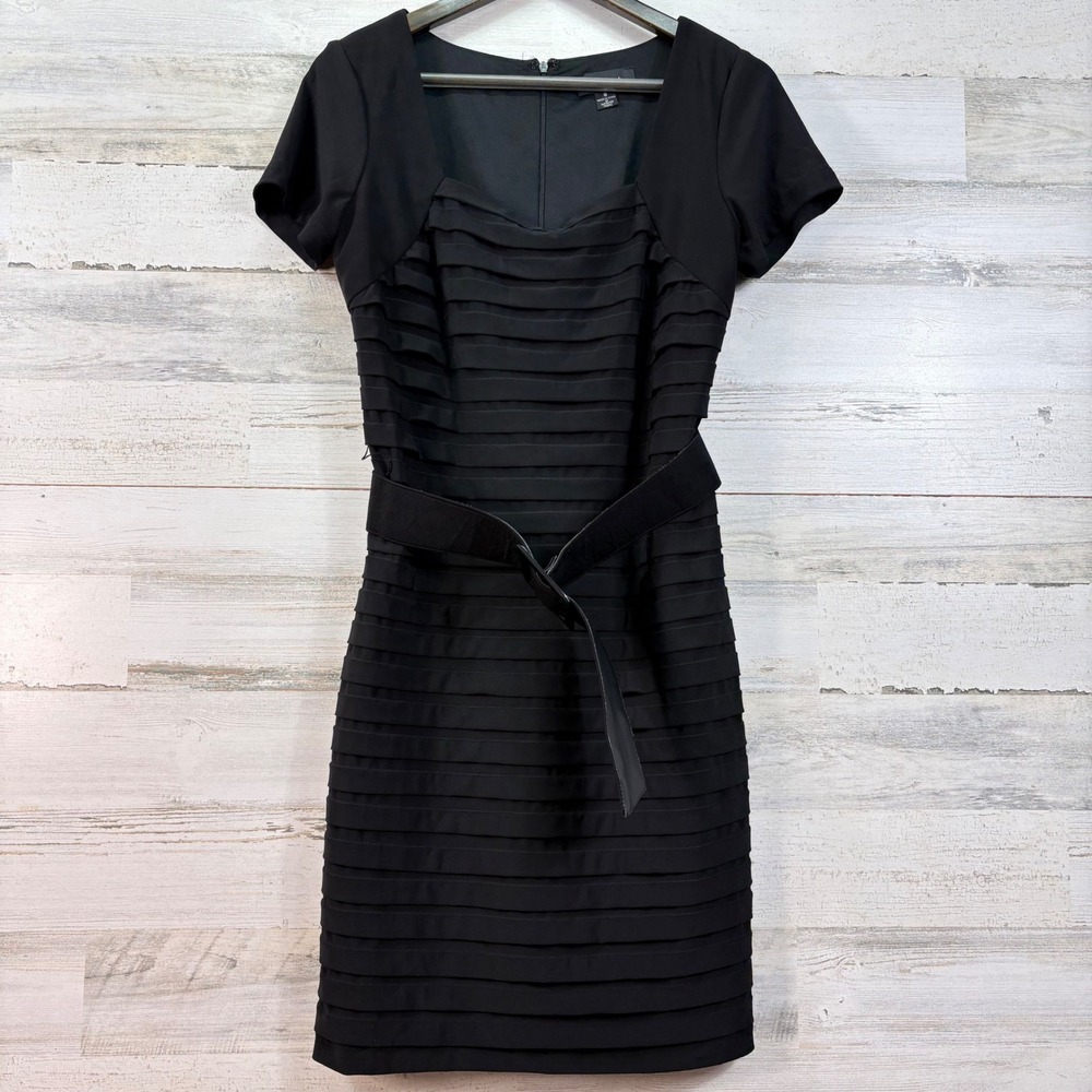 R&M Richards Womens Black Tiered Pleated Sheath Dress Belted Square Neck Size 8